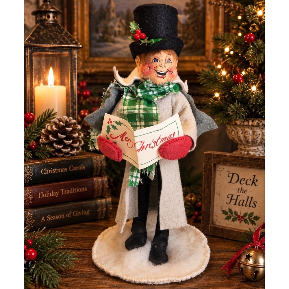Vintage 1989 Annalee Christmas Caroler Man Doll 10" Top Hat Sheet Music